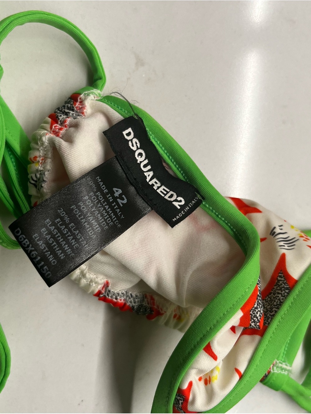 DSQUARED2 White Bikini with Neon Green Trim and Multicolor Print - Picture 3 of 4